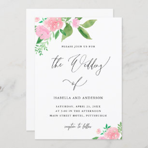 Romantic Pink Floral Bouquet Calligraphy Wedding Invitation