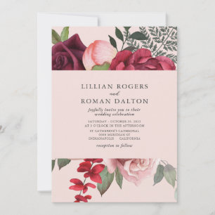 Romantic Pink Floral Bridal Bouquet Wedding Invitation