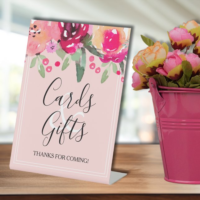 Romantic Pink Floral Bridal Shower Cards & Gifts Pedestal Sign (Romantic pink watercolor flowers bridal shower Cards & Gifts tabletop pedestal sign)