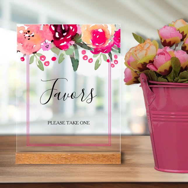 Romantic Pink Floral Bridal Shower Favours Acrylic Sign (Romantic pink watercolor flowers bridal shower favors tabletop acrylic sign)