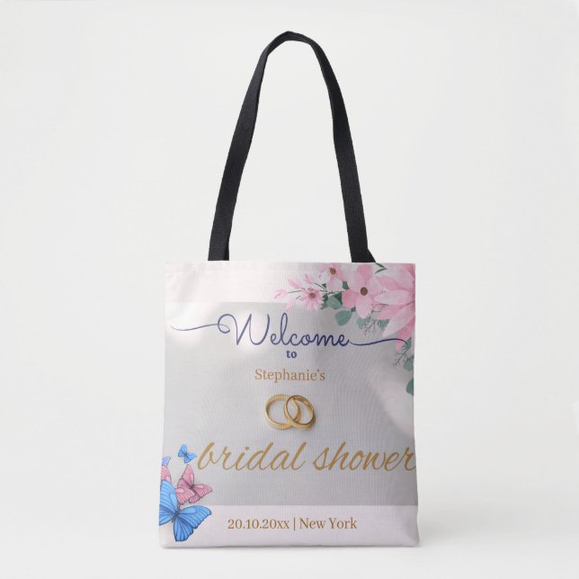 romantic pink floral bridal shower welcome poster tote bag (Front)