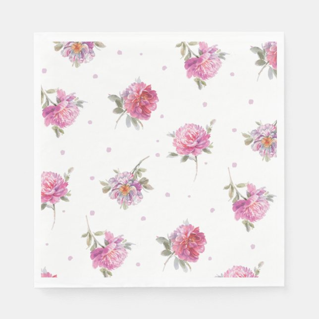 Romantic Pink Floral Dot Watercolor Pattern Napkin (Front)
