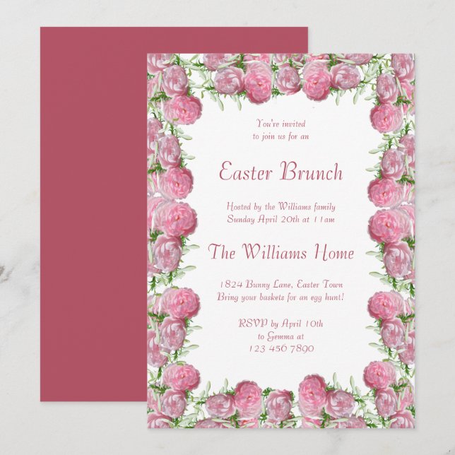 Romantic Pink Floral Framed Easter Brunch Invitation (Front/Back)