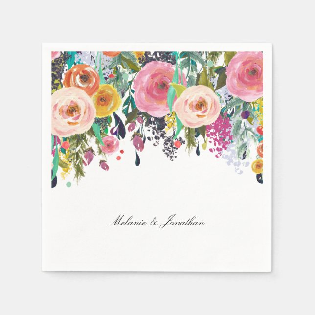 Romantic Pink Floral Garden Watercolor Napkin (Front)