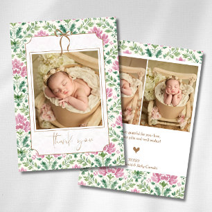 Romantic Pink Floral Gold Bow Baby Photo Announcement