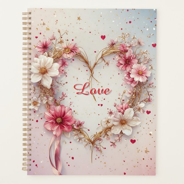 Romantic Pink Floral Heart Wreath Planner (Front)