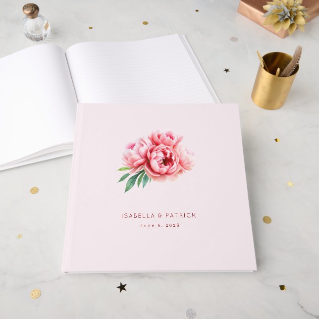 Romantic Pink Floral Illustration Guest Book (Front Open)