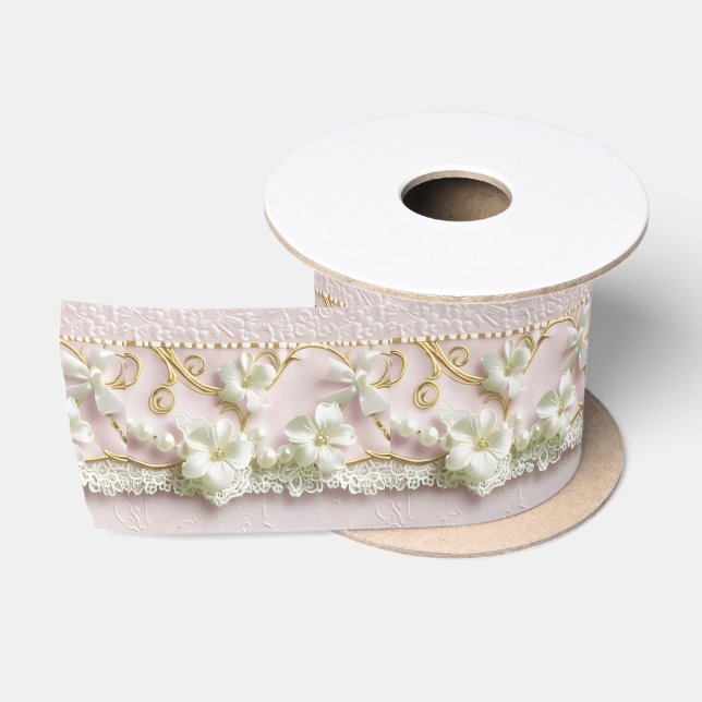 Romantic Pink Floral Satin Ribbon (Spool)