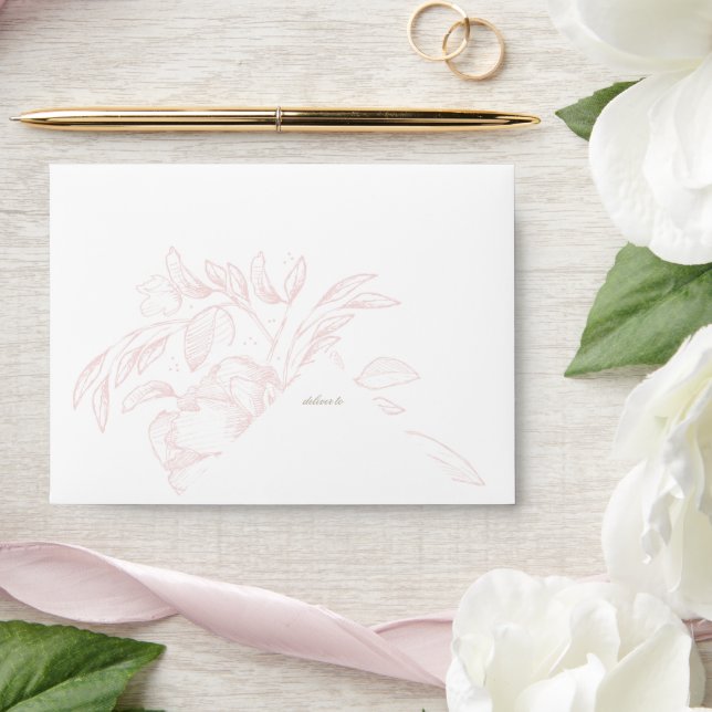 Romantic Pink Floral Sketch Wedding Return Address Envelope (Wedding)