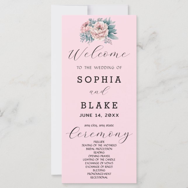 Romantic Pink Floral Soft Pink Wedding Program (Front)