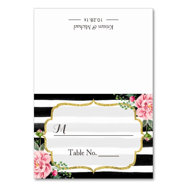 Romantic Pink Floral Stripes Wedding Seating Place Table Number (Front)