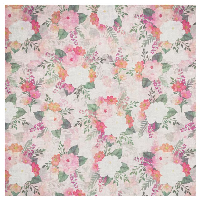 Romantic Pink Floral Watercolor Painting Fabric (Close Up)