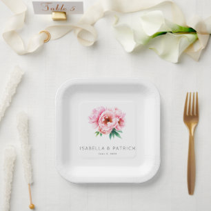 Romantic Pink Floral Watercolor Paper Plate