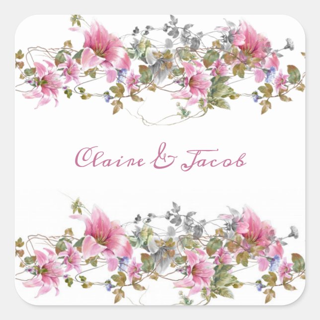 Romantic Pink Floral Watercolor Script Square Sticker (Front)