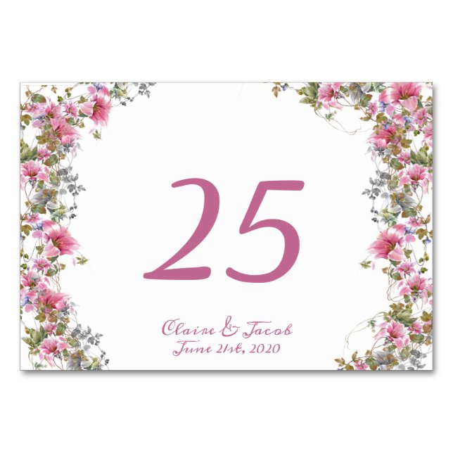 Romantic Pink Floral Watercolor Script Table Number (Front)