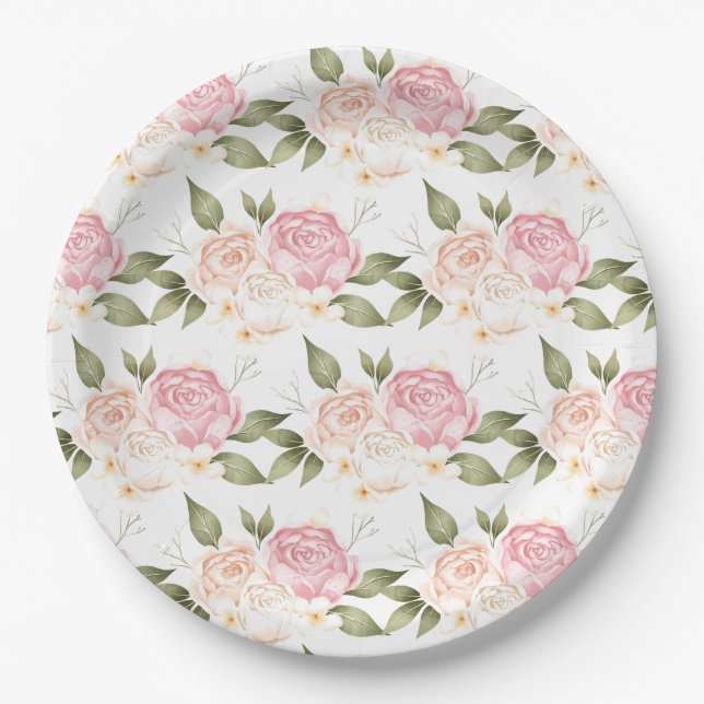 Romantic Pink Floral Watercolor Script Wedding Paper Plate (Front)