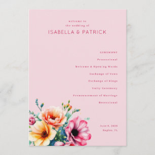Romantic Pink Floral Wedding Ceremony Program Programme