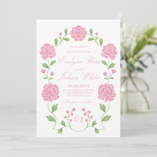 Romantic Pink Floral Wedding Invitation Card (Standing Front)