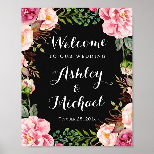 Romantic Pink Floral Wreath Classy Wedding Sign (Front)