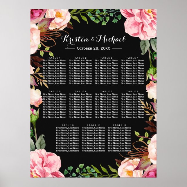 Romantic Pink Floral Wreath Wedding Seating Chart (Front)
