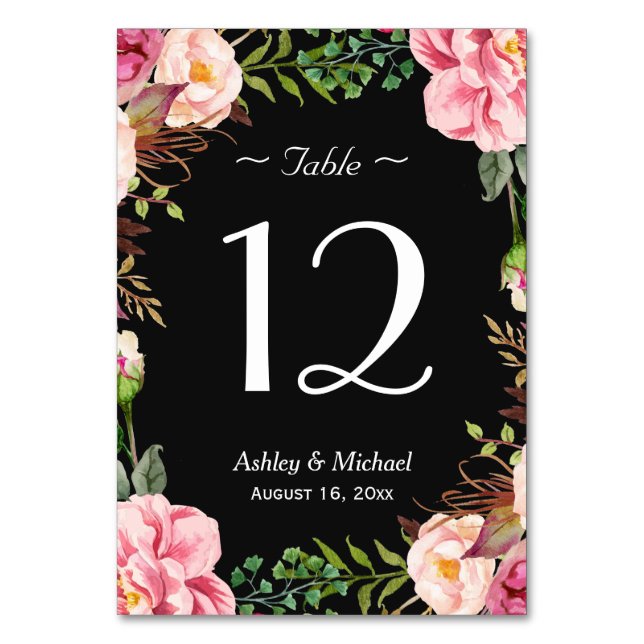 Romantic Pink Floral Wreath Wedding Table Number (Front)