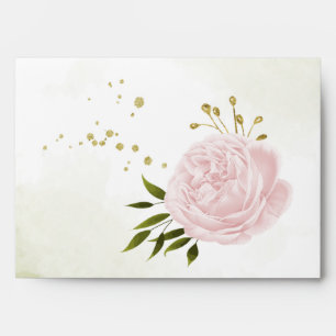 Romantic pink flower green leaves wedding envelope
