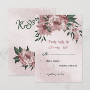 romantic pink flowers and green leaves wedding RSVP card