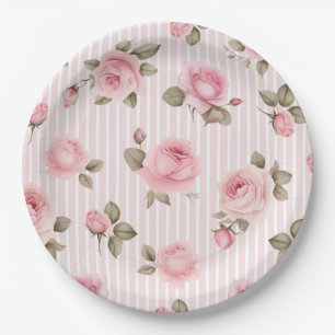 Romantic Pink Flowers Bridal Shower Paper Plate