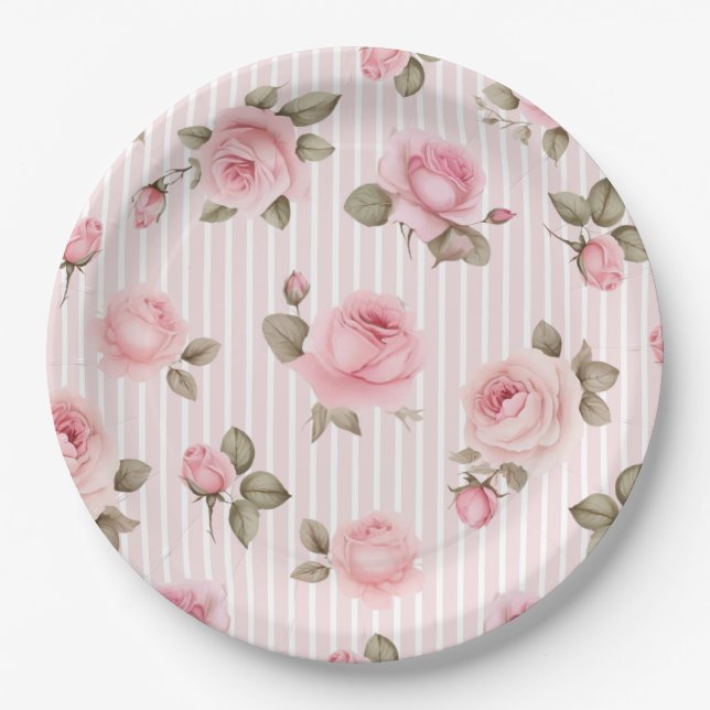 Romantic Pink Flowers Bridal Shower Paper Plate (Front)