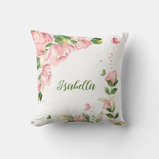Romantic pink flowers butterflies  cushion (Front)