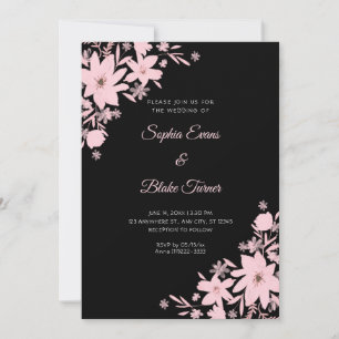 Romantic Pink Flowers Floral Black Wedding Invitation