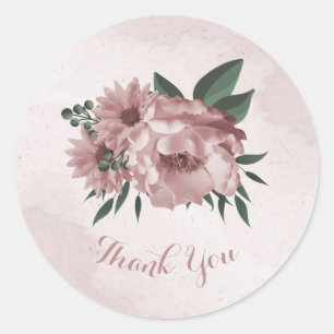 romantic pink flowers & green leaves classic round sticker