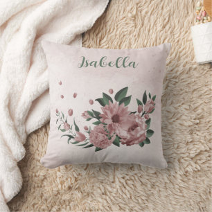 Romantic pink flowers & green leaves cushion