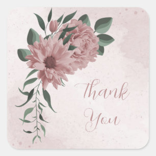romantic pink flowers & green leaves square sticker