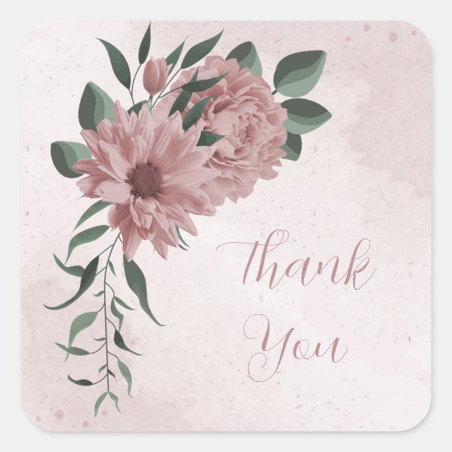 romantic pink flowers & green leaves square sticker (Front)