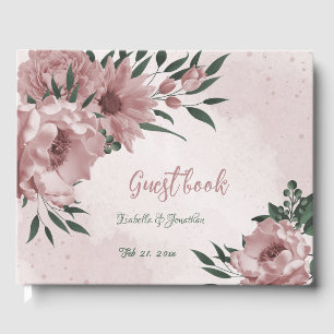 romantic pink flowers & green leaves wedding guest book