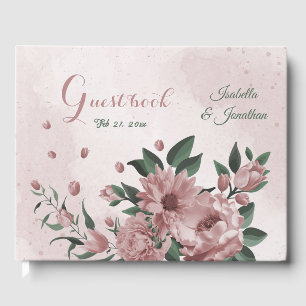 romantic pink flowers & green leaves wedding guest book