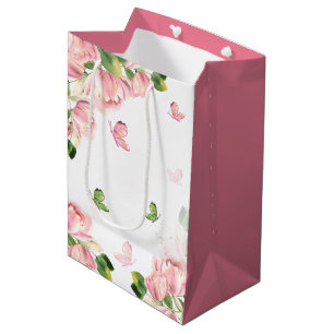 Romantic pink flowers greenery butterflies medium gift bag