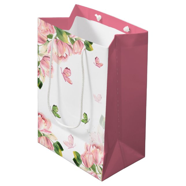 Romantic pink flowers greenery butterflies medium gift bag (Front Angled)