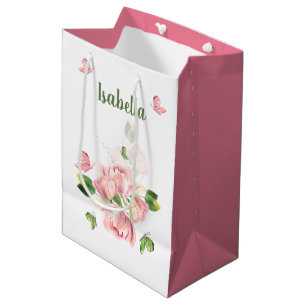 Romantic pink flowers greenery butterflies medium gift bag