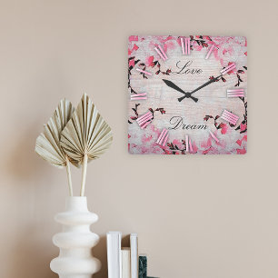Romantic Pink Flowers On Rustic Wood Country Chic Square Wall Clock