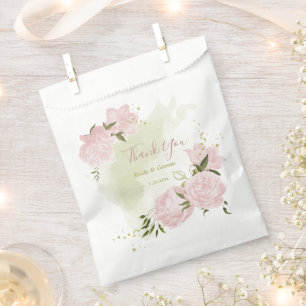 romantic pink flowers with green leaves wedding favour bags