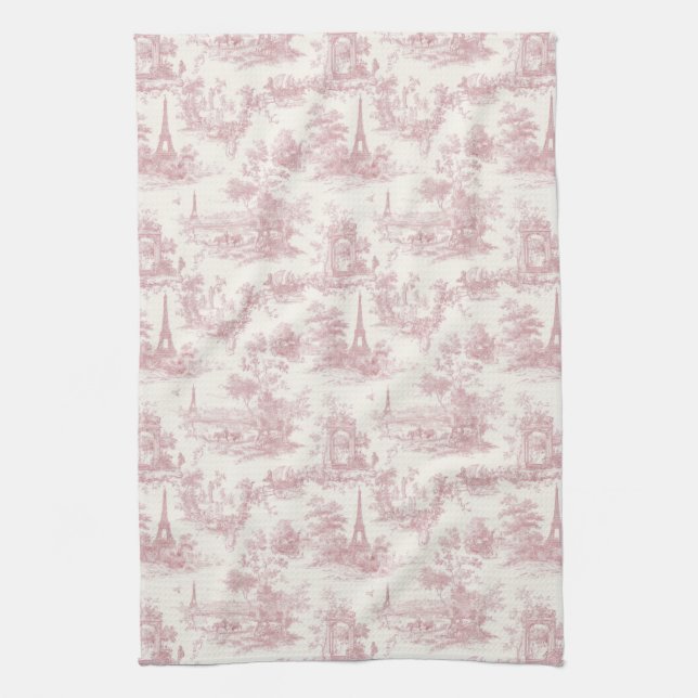 Romantic Pink French Toile Countryside Pattern (3) Tea Towel (Vertical)