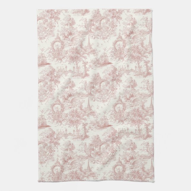 Romantic Pink French Toile Countryside Pattern (5) Tea Towel (Vertical)