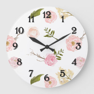 Romantic Pink Garden Watercolor Floral Large Clock