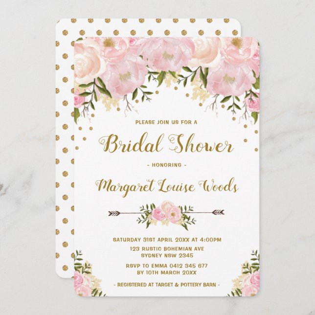 Romantic Pink & Gold Floral Bridal Shower Invite (Front/Back)