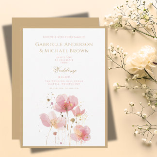 Romantic Pink Gold Watercolor Wildflowers Wedding Invitation