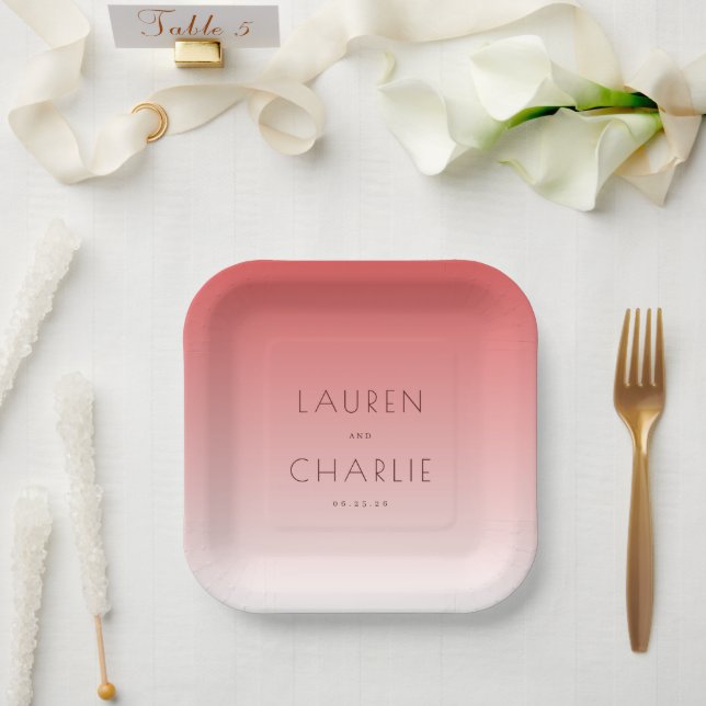 Romantic Pink Gradient Names Paper Plate (Wedding)