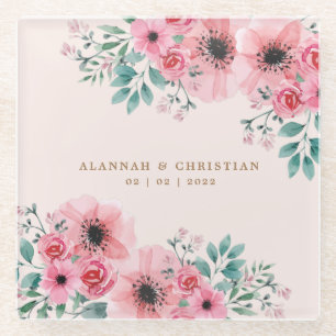 Romantic Pink & Green Watercolour Floral Wedding Glass Coaster