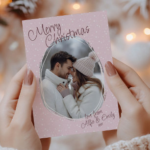 Romantic Pink Handwritten Photo Merry Christmas Holiday Card